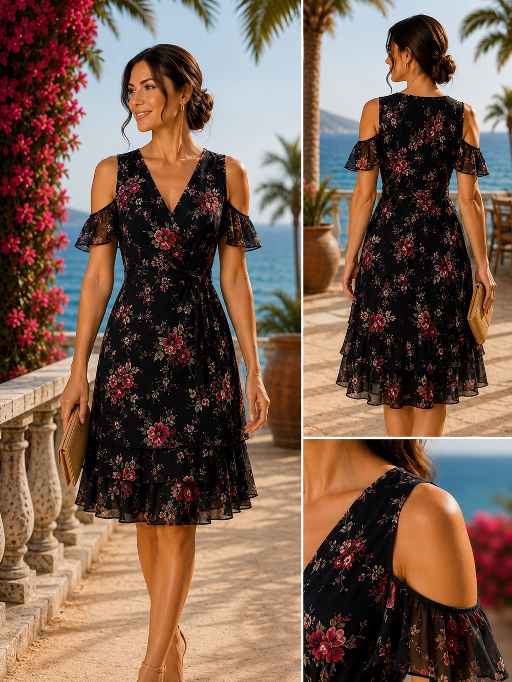 TAHARI like new Navy Floral Print Cold-Shoulder Wrap Dress, size 8